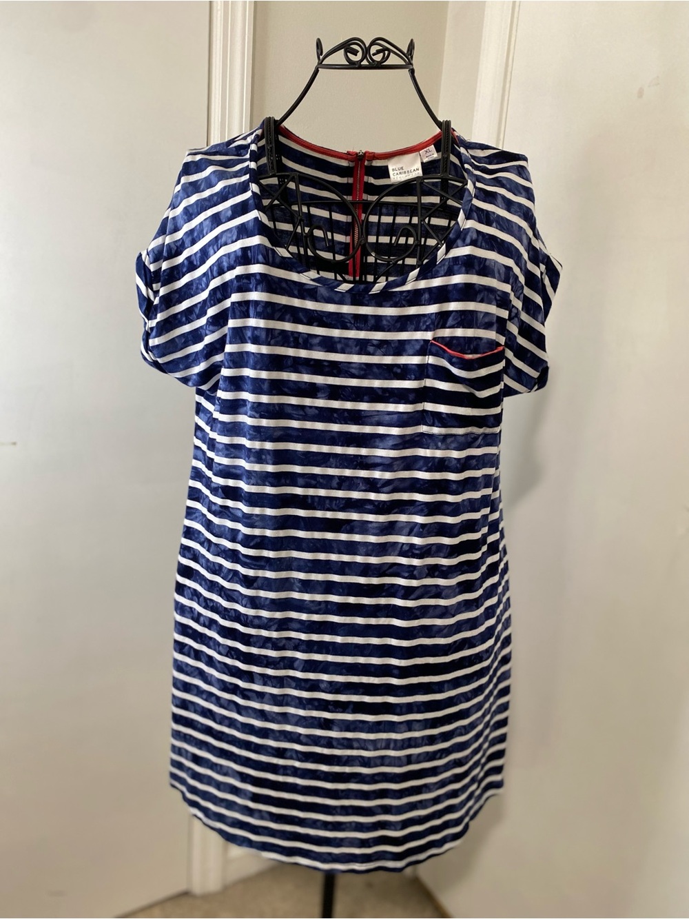 Blue Caribbean Women XL Beach Cover Up Tunic Top Navy White Striped Vacation